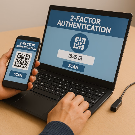 Eine Person scannt mit einer Smartphone-Kamera einen QR-Code, der auf einem Laptop-Bildschirm angezeigt wird. Das Smartphone zeigt eine Bestätigungsmeldung für die erfolgreiche Authentifizierung.