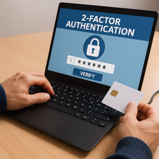 Eine Person steckt eine Smartcard in einen Laptop. Der Monitor zeigt eine Sicherheitsaufforderung zur Authentifizierung. Die Smartcard ist eine kleine, rechteckige Karte mit eingebettetem Chip.