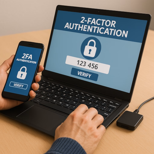 Eine Person hält ein Smartphone mit einer Authenticator-App, die einen sechsstelligen rotierenden Code anzeigt. Im Hintergrund fordert ein Laptop-Bildschirm zur Eingabe des Codes für die Anmeldung auf. 